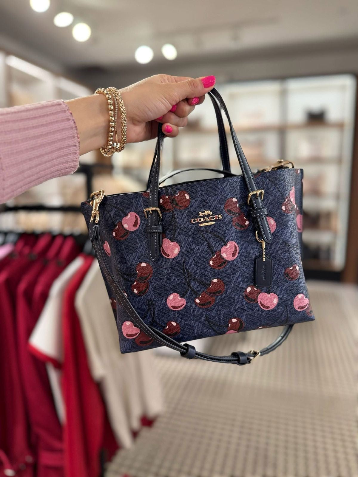 🍒COACH MOLLIE TOTE BAG 25 SIGNATTURE Canvas Cherry Print