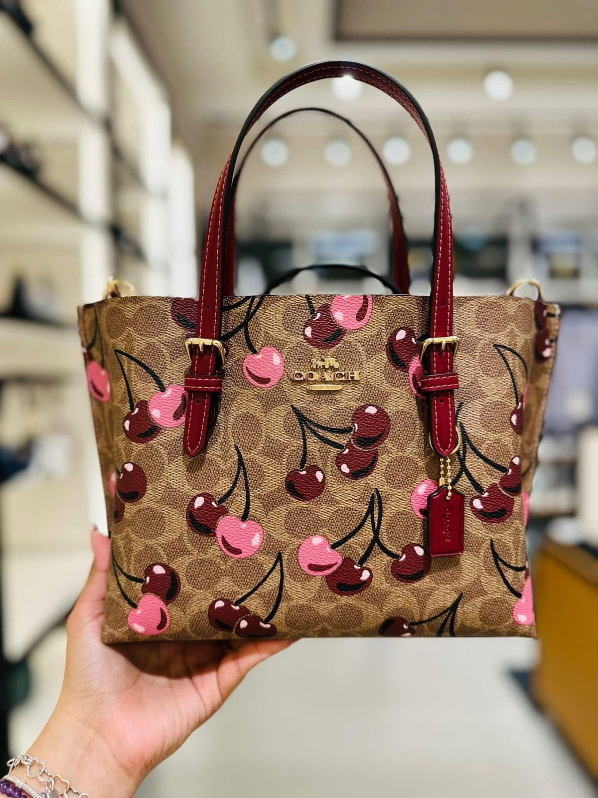 🍒COACH MOLLIE TOTE BAG 25 SIGNATTURE Canvas Cherry Print