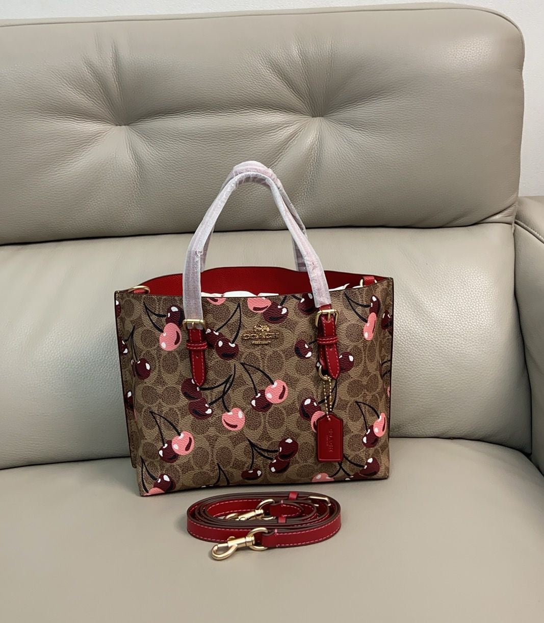 🍒COACH MOLLIE TOTE BAG 25 SIGNATTURE Canvas Cherry Print