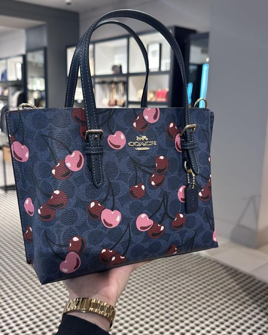 🍒COACH MOLLIE TOTE BAG 25 SIGNATTURE Canvas Cherry Print