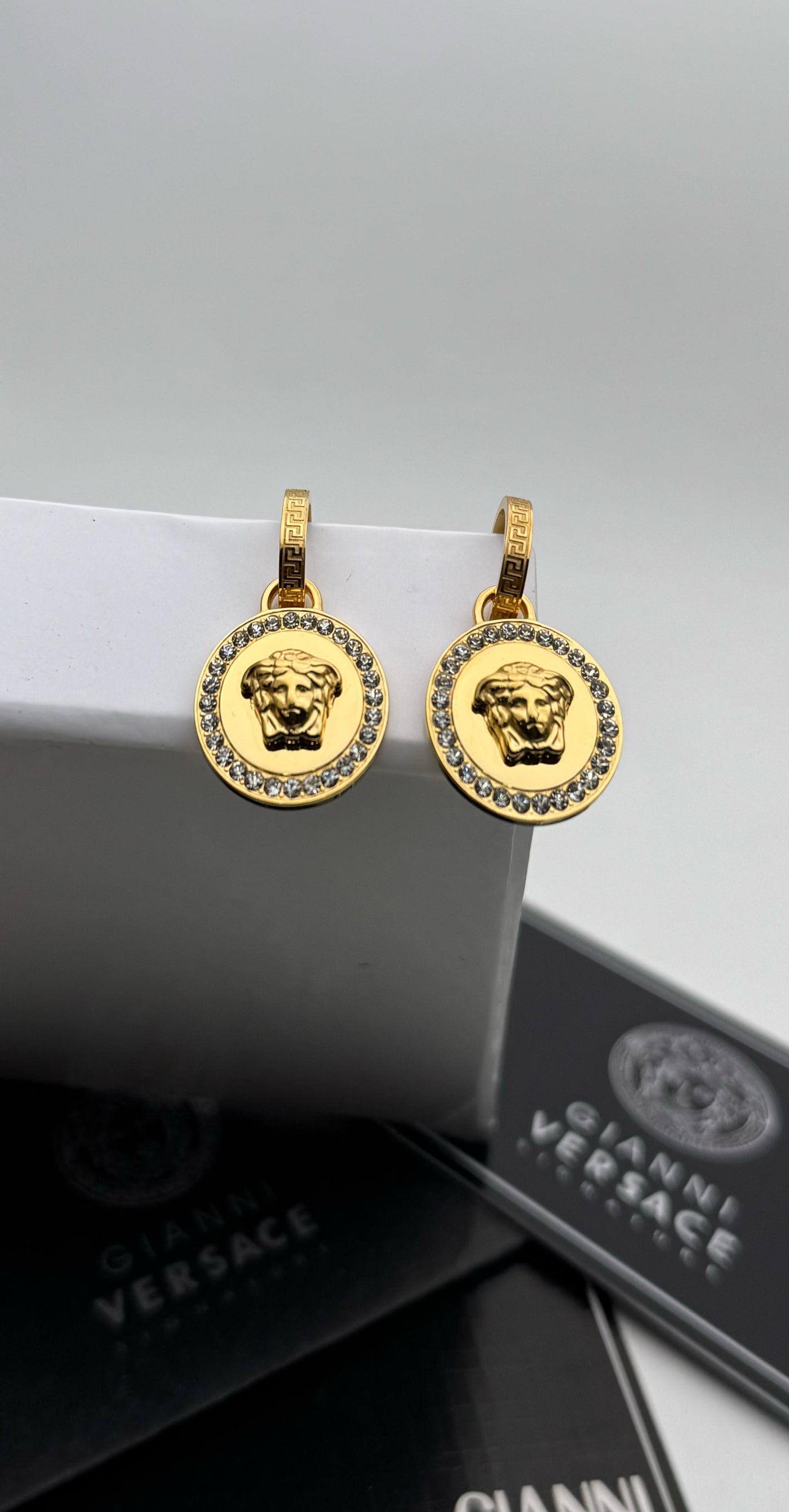 VERSACE CRYSTAL LA MEDUSA GRECA EARRINGS