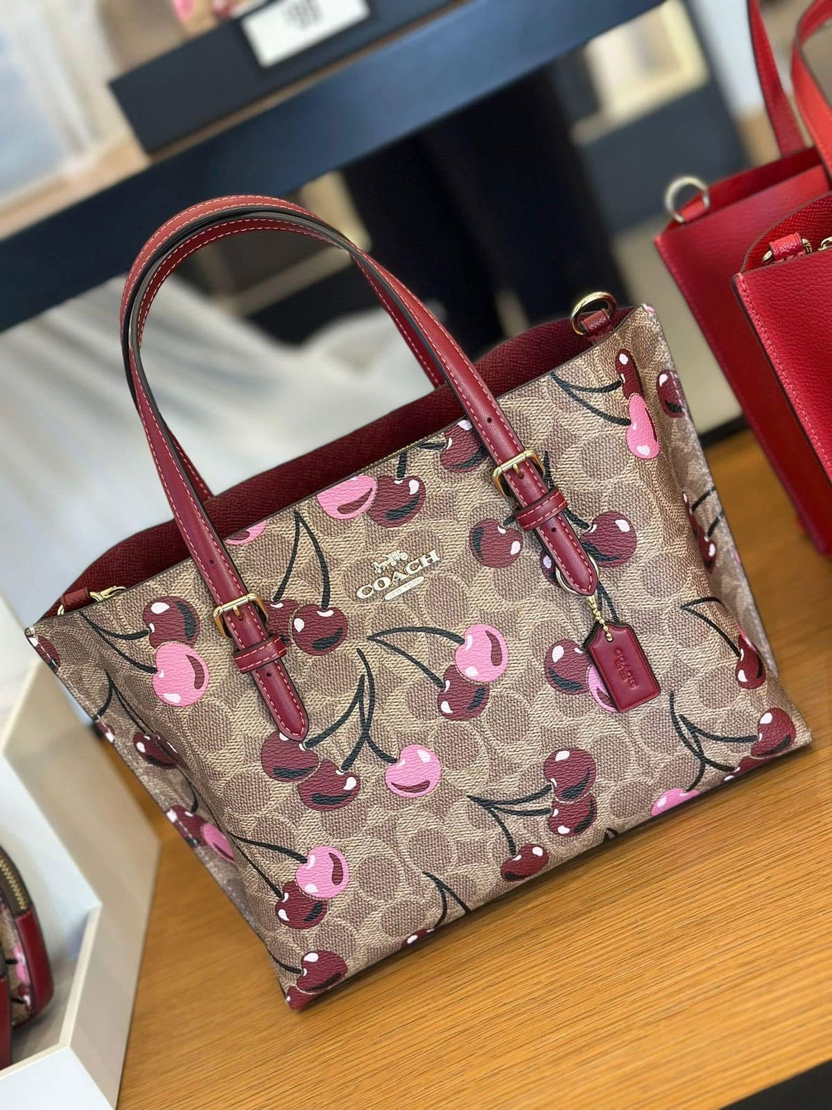 🍒COACH MOLLIE TOTE BAG 25 SIGNATTURE Canvas Cherry Print